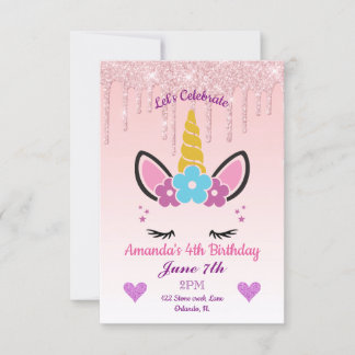 Pink Dripping Glitter/Floral Unicorn Birthday Invitation