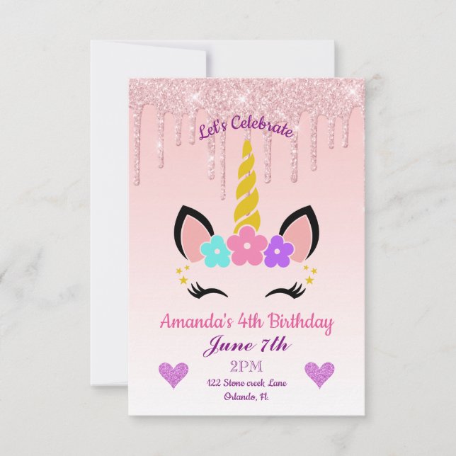 Pink Dripping Glitter/Floral Unicorn Birthday Invitation (Front)