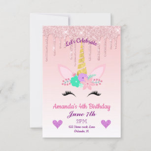 Pink Dripping Glitter/Floral Unicorn Birthday Invitation