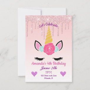 Pink Dripping Glitter/Floral Unicorn Birthday Invitation