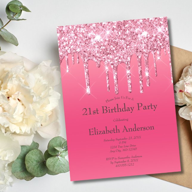 Pink Dripping Glitter Girly Chic 21st Birthday Invitation (Pink Dripping Glitter 21st Birthday Party Invitation for her)