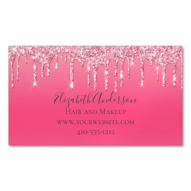 Pink Dripping Glitter Girly Trendy Chic Modern  Magnetic Business Card (Front)