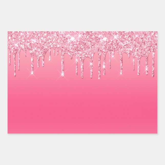 Pink Dripping Glitter Girly Trendy Chic Modern Wrapping Paper Sheet (Front)
