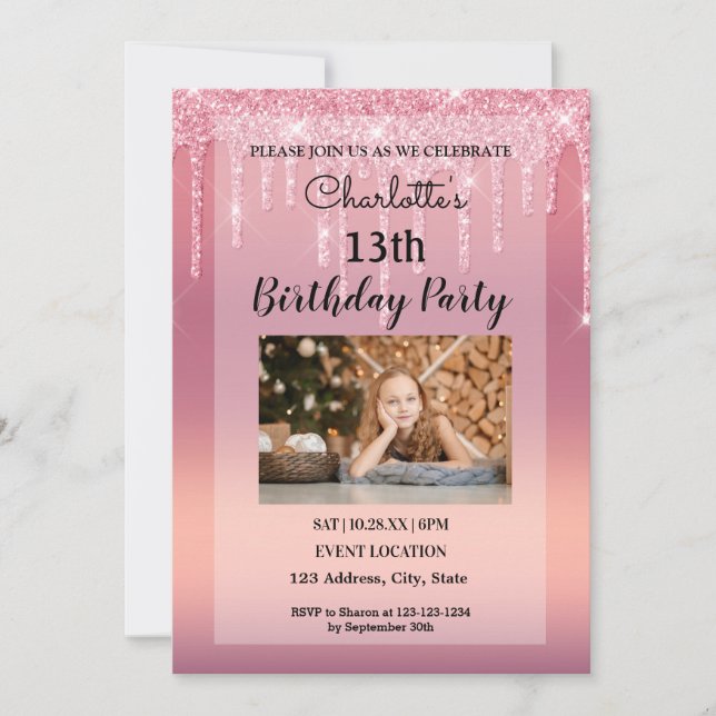 Pink Dripping Glitter Invitation (Front)