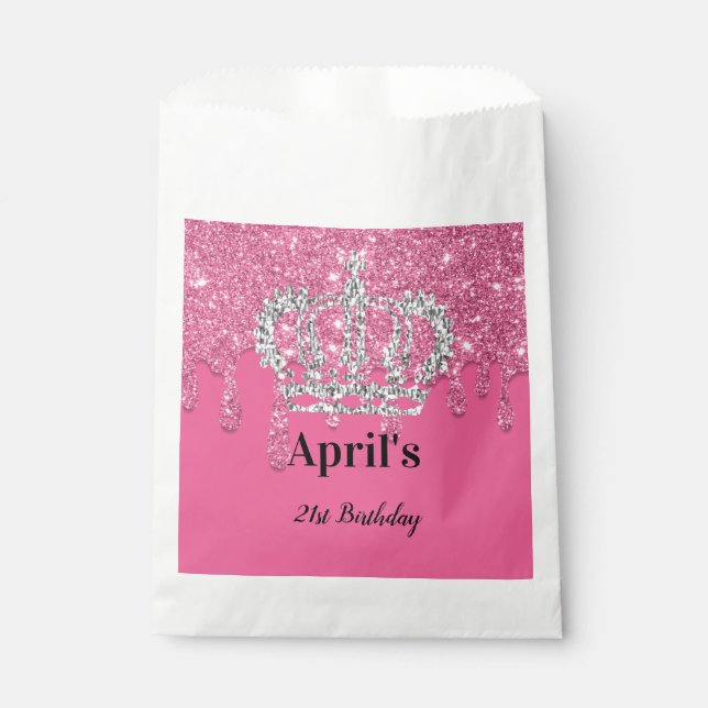 Pink Dripping Glitter | Silver Crown Birthday  Favour Bags (Front)