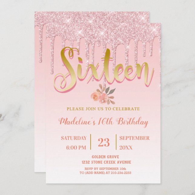 Pink Dripping Glitter | Sweet 16 Invitation (Front/Back)