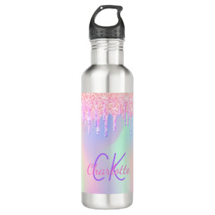 Pink drips holographic monogram name girl 710 ml water bottle