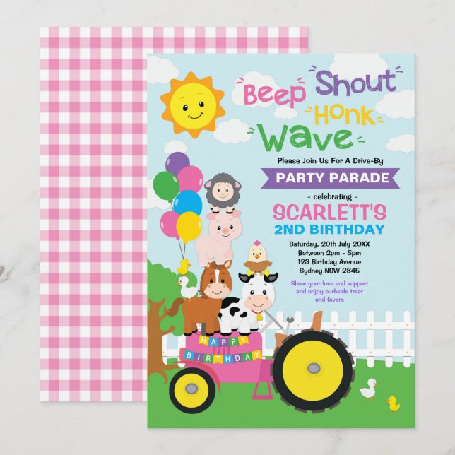Pink Drive By Birthday Party Parade Farm Girl Invitation (Front/Back)