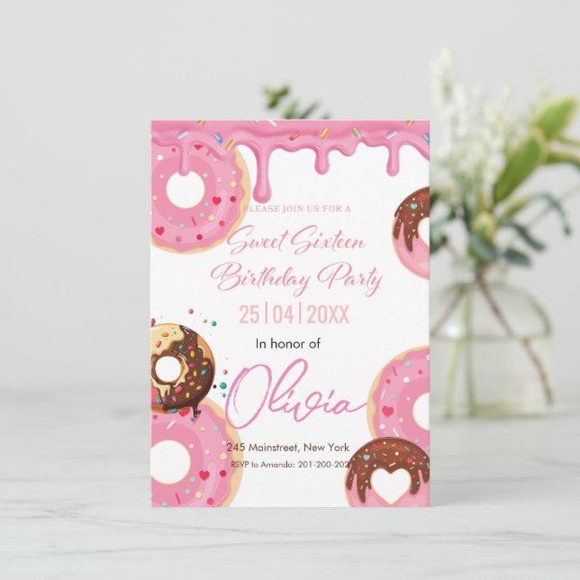 Pink drizzle doughnuts sweet sixteen birthday invitation (Standing Front)