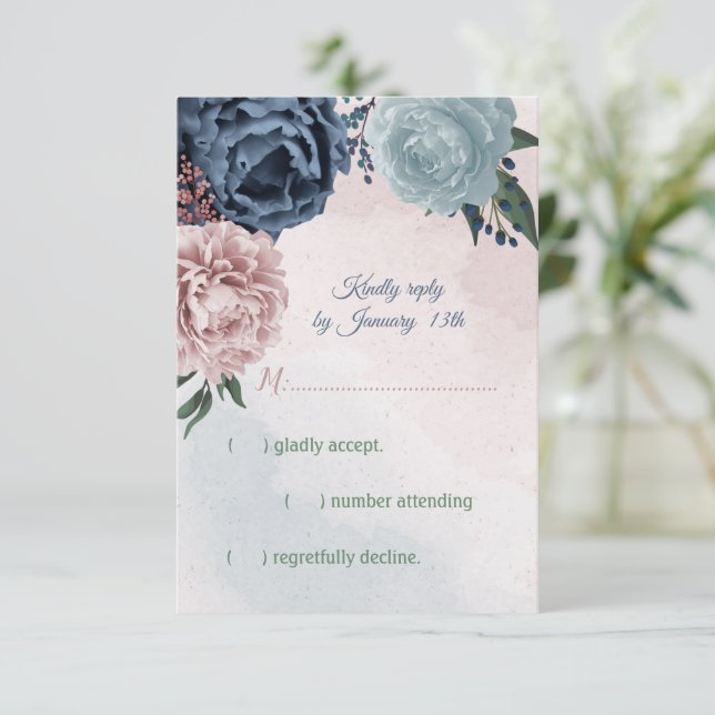  pink, dusty blue and navy blue flowers greenery RSVP card (Standing Front)