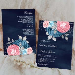Pink Dusty Blue Floral All in One Navy Wedding Invitation