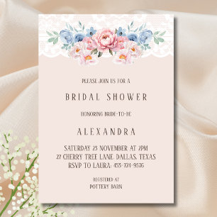 Pink Dusty Blue Floral Vintage Lace Bridal Shower Invitation