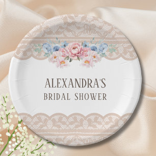 Pink Dusty Blue Floral Vintage Lace Bridal Shower Paper Plate