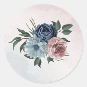 pink dusty blue navy blue floral greenery wedding  classic round sticker