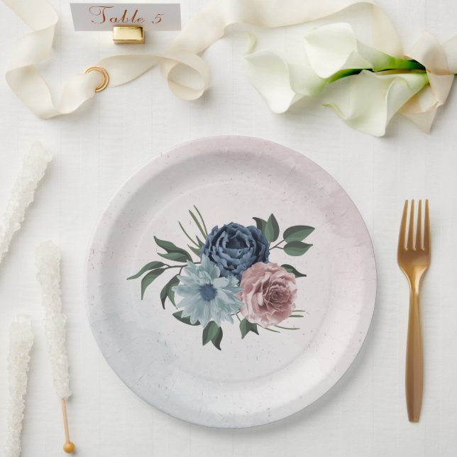 pink dusty blue navy blue floral greenery wedding paper plate (Wedding)