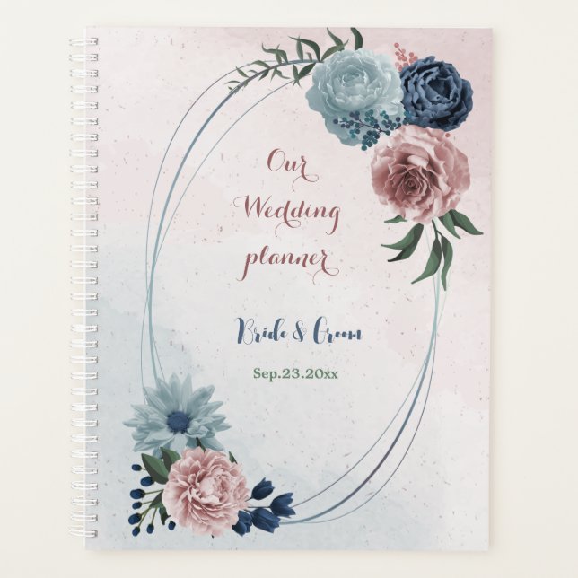 pink dusty blue navy blue floral greenery wedding planner (Front)