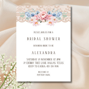 Pink Dusty Blue Romantic Floral Lace Bridal Shower Invitation