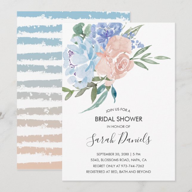 Pink & Dusty Blue Watercolor Floral Bridal Shower Invitation (Front/Back)