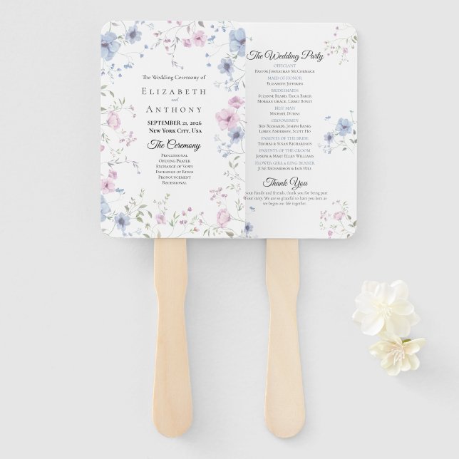 Pink & Dusty Blue Watercolor Floral Wedding  Hand Fan (Front and Back)