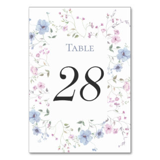 Pink & Dusty Blue Watercolor Floral Wedding Table Number