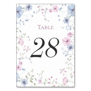 Pink & Dusty Blue Watercolor Floral Wedding Table Number