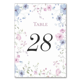Pink & Dusty Blue Watercolor Floral Wedding Table Number