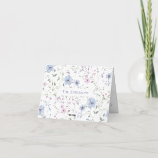 Pink & Dusty Blue Watercolor Floral Wedding Thank You Card