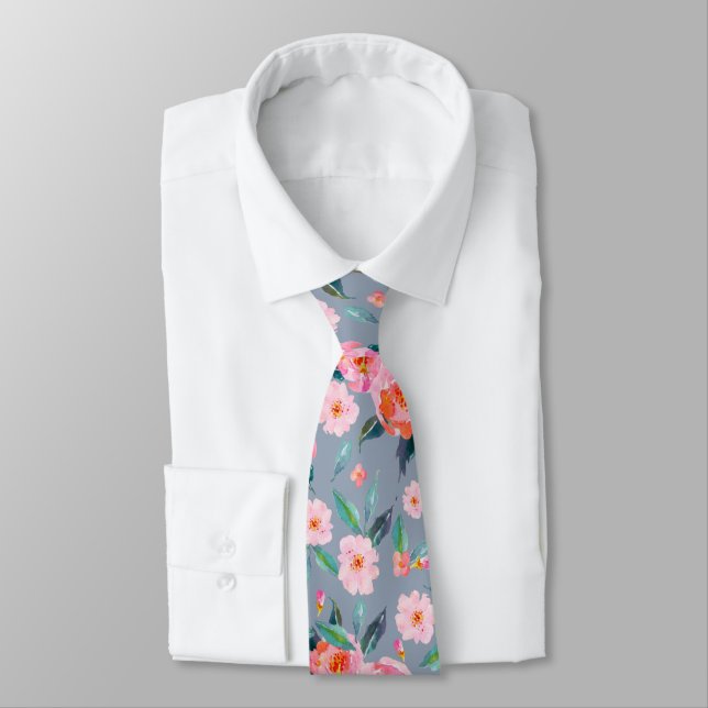 Pink Dusty Blue Watercolor Rose Pattern Wedding Tie (Tied)
