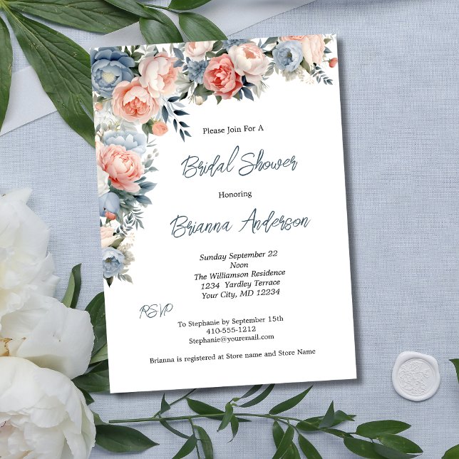 Pink Dusty Blue White Floral Elegant Bridal Shower Invitation (Dusty Blue Pink White Floral Bridal Shower Invitation)