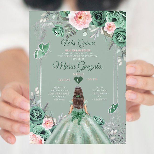 Pink Dusty Green Silver Mis Quince 15 Anos Invitation (Creator Uploaded)