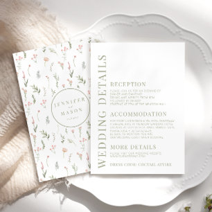 Pink dusty green wildflower wedding details cards
