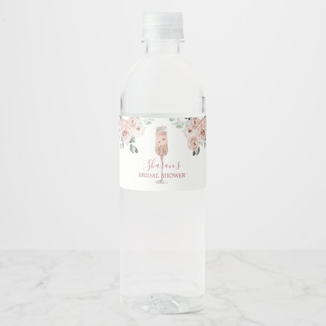 Pink Dusty Rose Petals and Prosecco Water Bottle Water Bottle Label (Front)