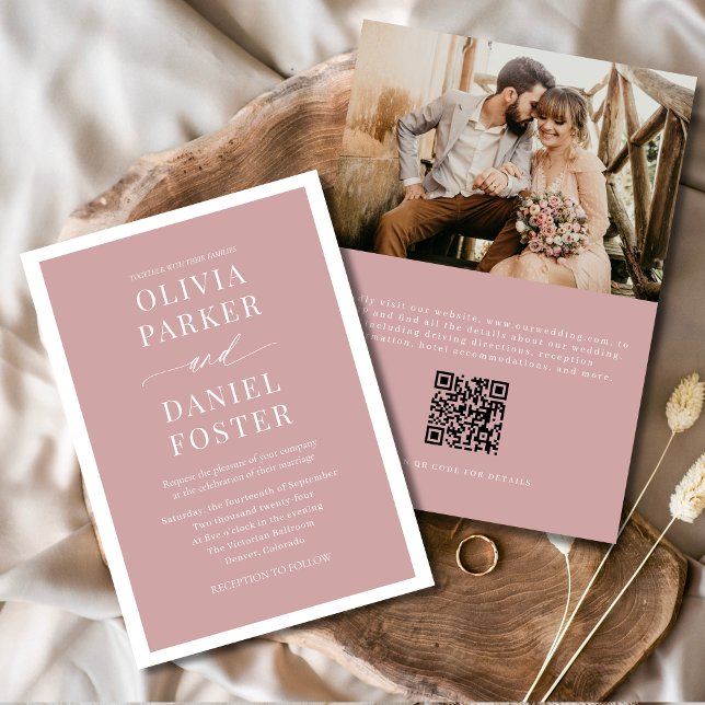 Pink Dusty Rose Photo QR Code Minimalist Wedding Invitation (Creator Uploaded)