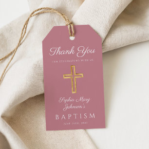 Pink Dusty Rose Religious Cross Girl Baptism Gift Tags