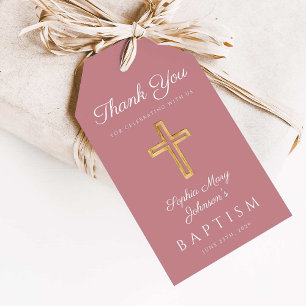 Pink Dusty Rose Religious Cross Girl Baptism Gift Tags