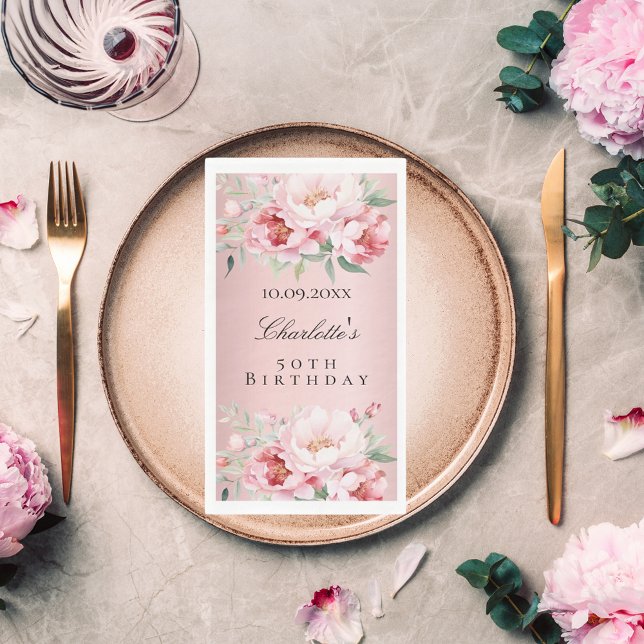 Pink dusty roses florals elegant birthday napkin (Creator Uploaded)