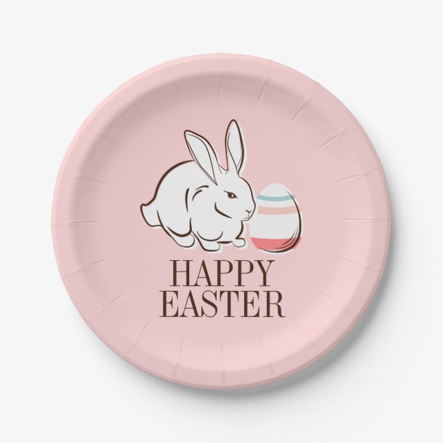 Pink Easter Bunny and Egg Happy Easter Paper Plate (Front)