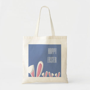Pink Easter Bunny Ears on Blue , Happy Easter Tote Bag