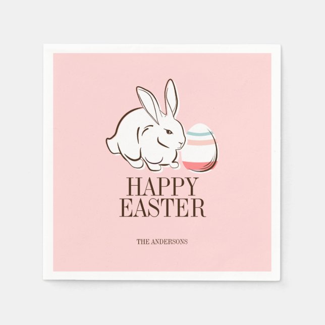 Pink Easter Bunny & Egg Happy Easter Paper Napkins (Front)