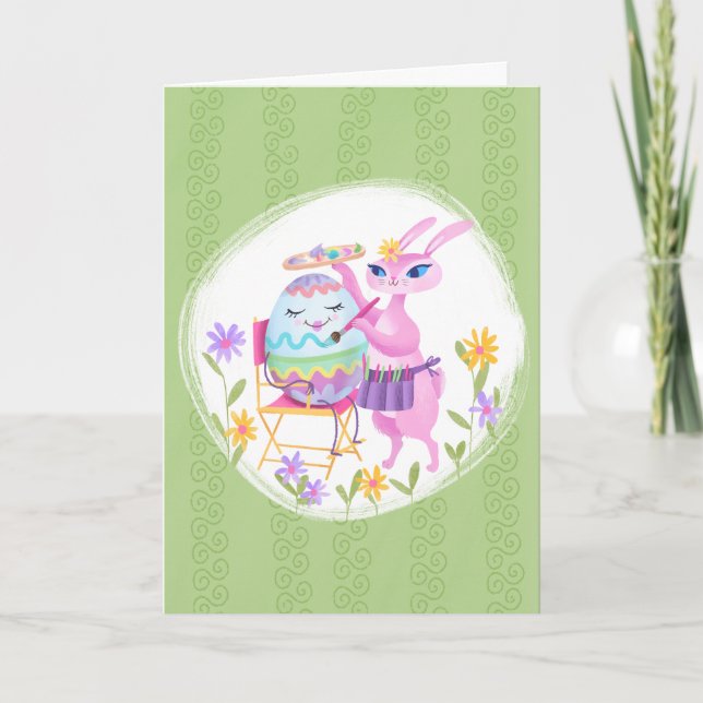Pink Easter Bunny Rabbit and Egg  Card (Front)