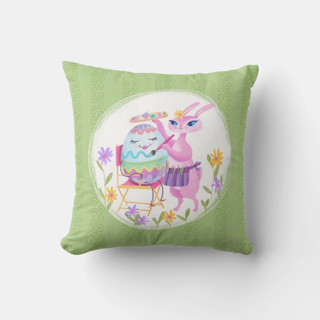 Pink Easter Bunny Rabbit and Egg | Cushion (Front)