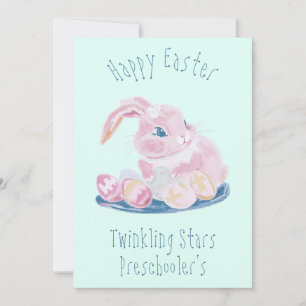 Pink Easter Bunny With Eggs Preschool Teacher Mint Holiday Card