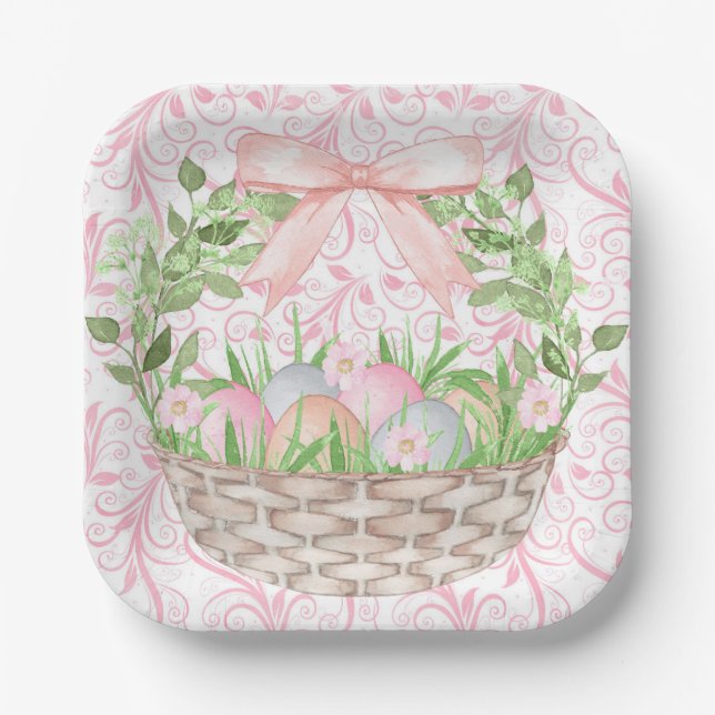 Pink Easter Egg Basket Paper Plate (Front)