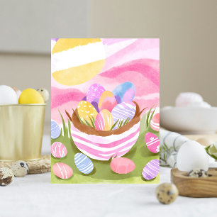 Pink Easter Egg Basket Pastel Watercolor Holiday Postcard