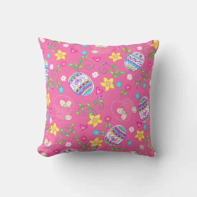 Pink Easter eggs, flowers and baskets Cushion (Front)