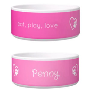 Pink 'eat, play, love' Dog Name Bowl