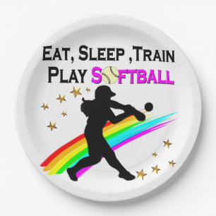 PINK EAT, SLEEP, TRAIN, PLAY SOFTBALL DESIGN PAPER PLATE