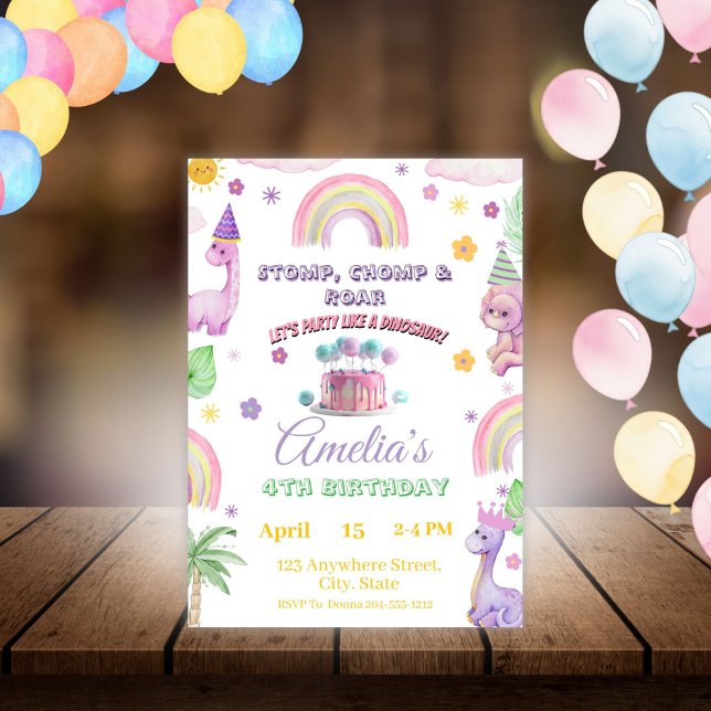 Pink Editable Dinosaur Birthday Invite Template  (Creator Uploaded)