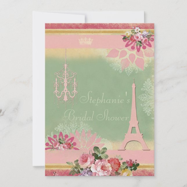 Pink Eiffel Tower and Chandelier Bridal Shower Invitation (Front)