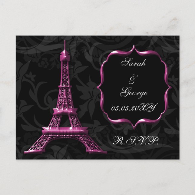 pink Eiffel tower French Wedding rsvp Invitation Postcard (Front)